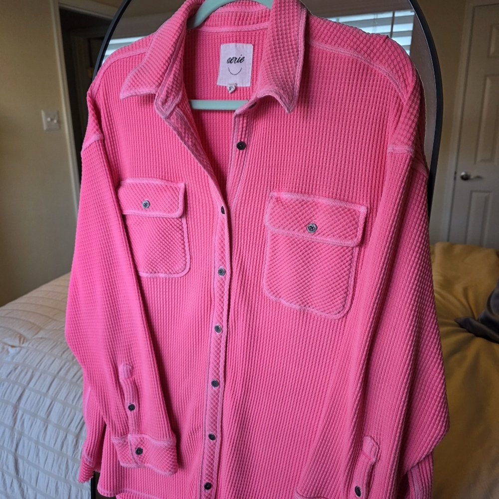 OVERSIZED Aerie Lumberjane Waffle Button down, Hot Pink, Size Medium